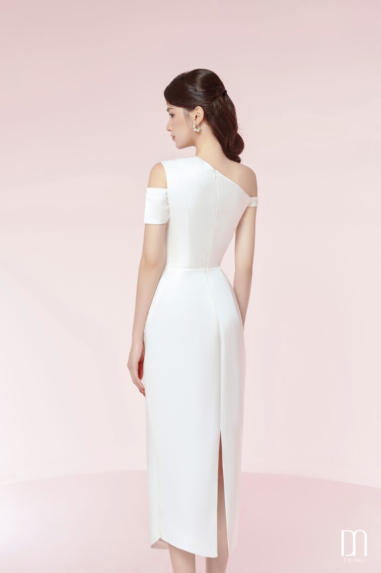 Bauhinia Pleated Shoulder Pencil Dress White