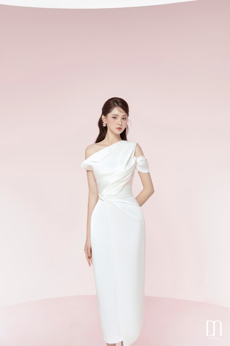 Bauhinia Pleated Shoulder Pencil Dress White