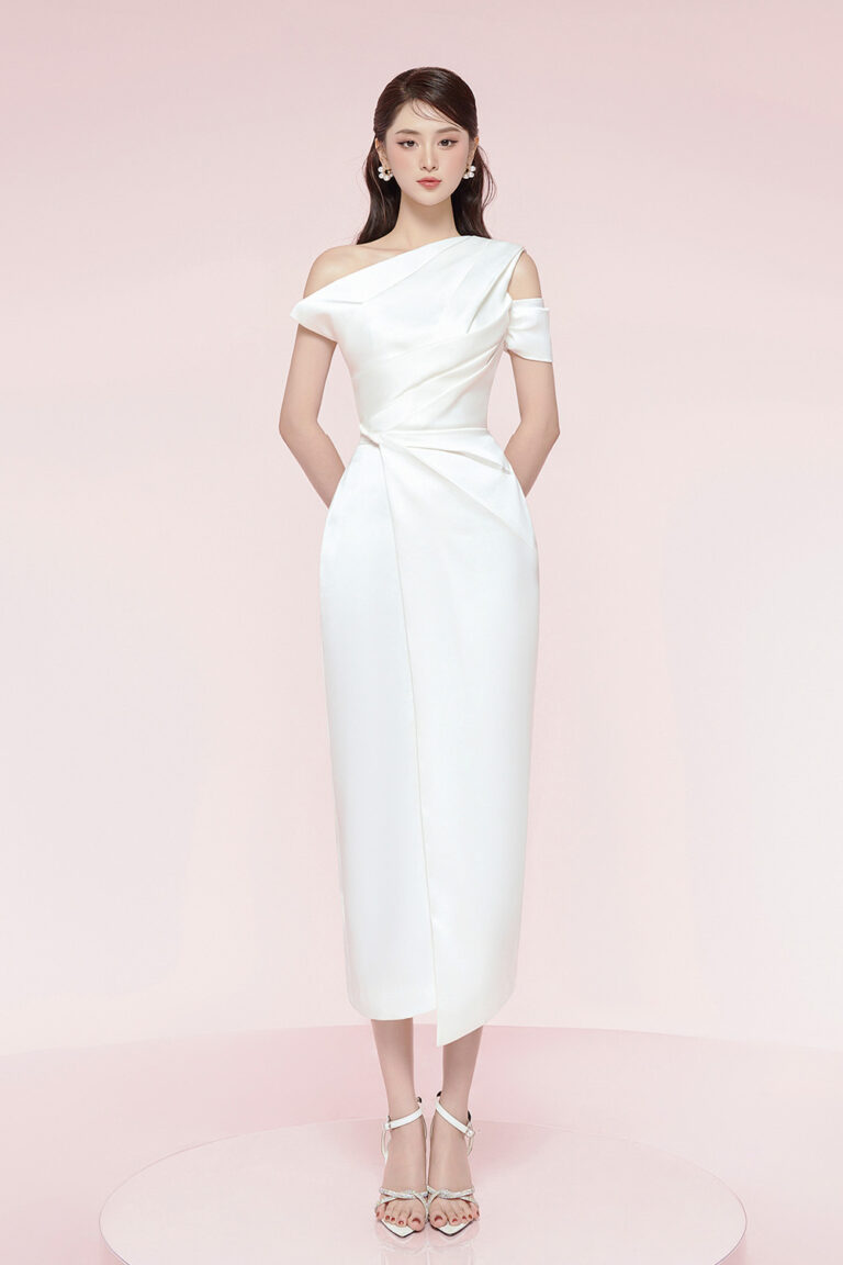 Bauhinia Pleated Shoulder Pencil Dress White