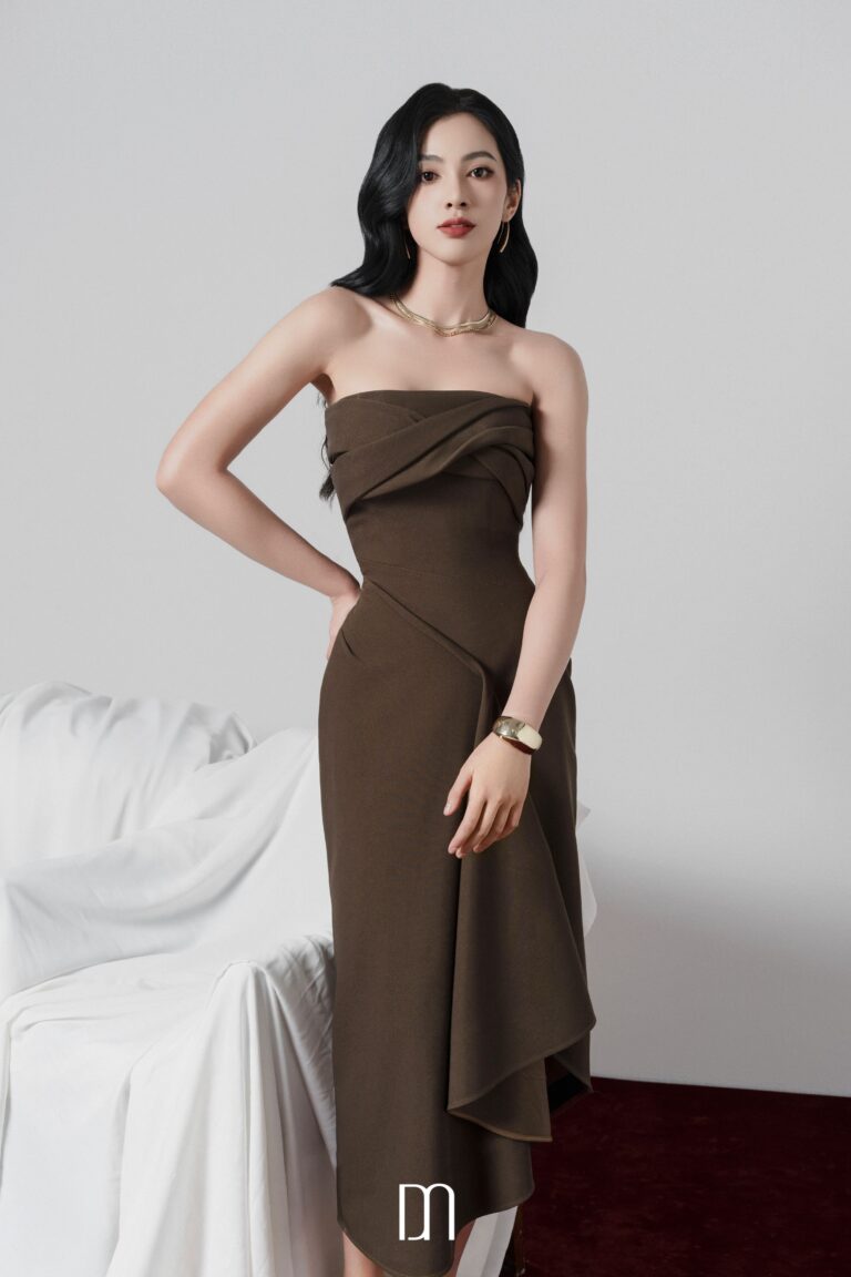 Carmen strapless midi dress with asymetric detail - Image 2