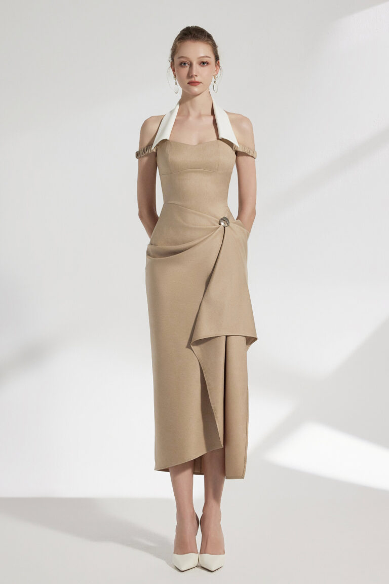 Elix Draped Midi Dress With Collared Neck