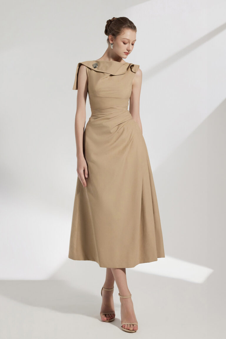 Solene Flipped Collar Neckline Midi Dress