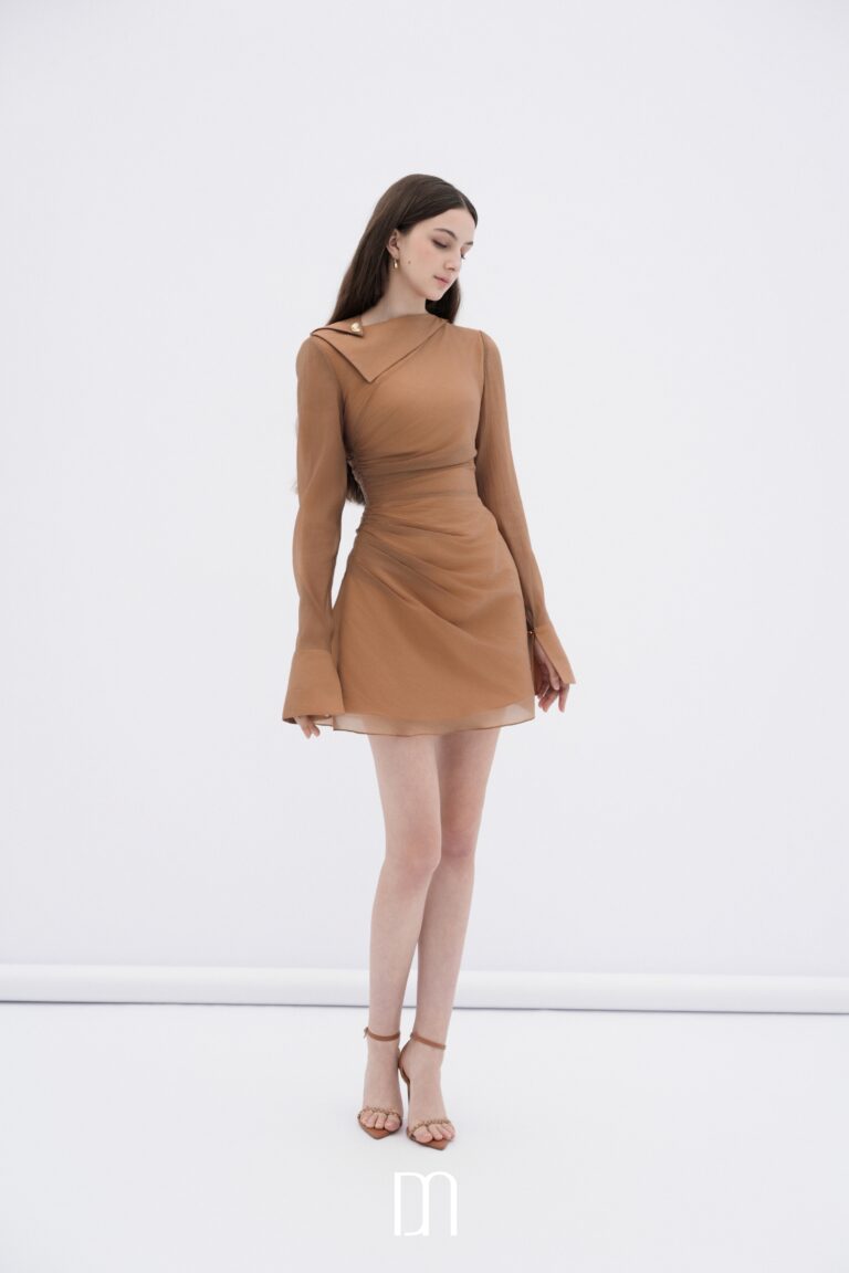 Roux asymmetric neckline mini dress with long sleeves - Image 4