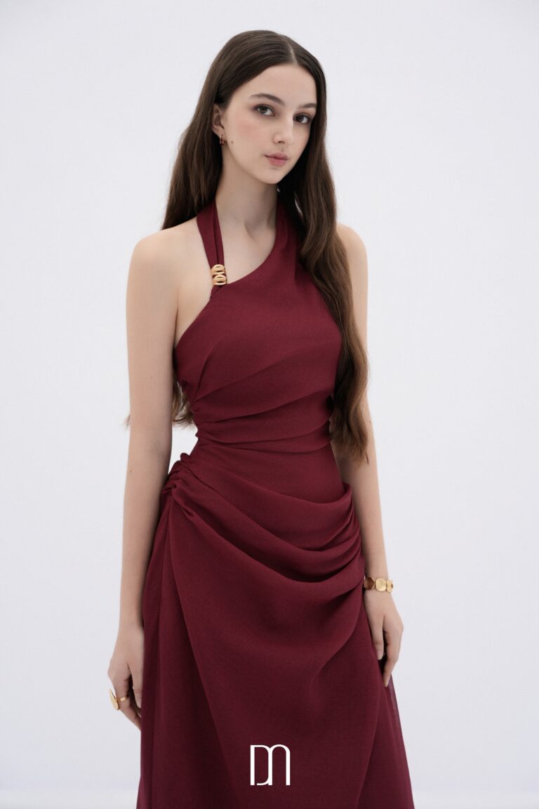 Elowen asymmetric hem midi dress with draped waist - Image 3