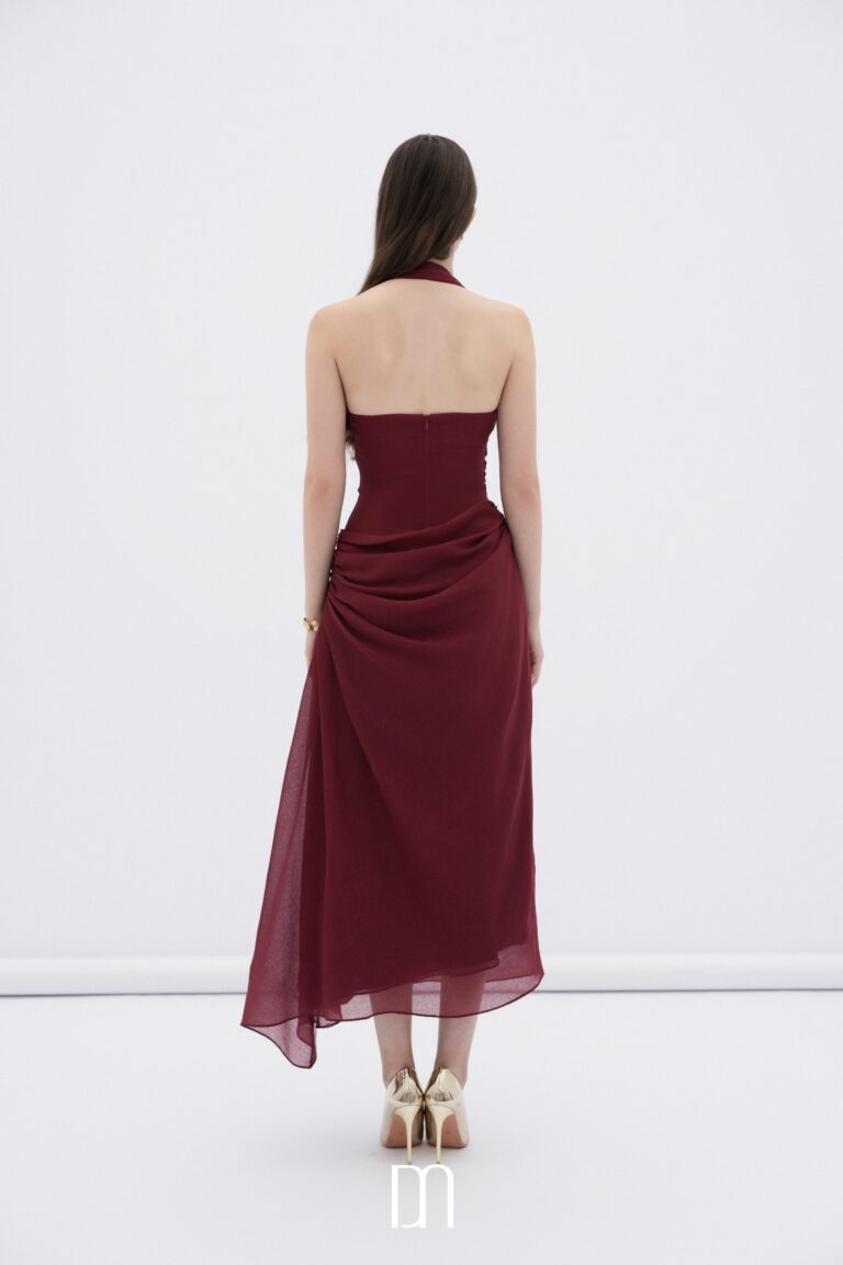 Elowen asymmetric hem midi dress with draped waist - Image 5