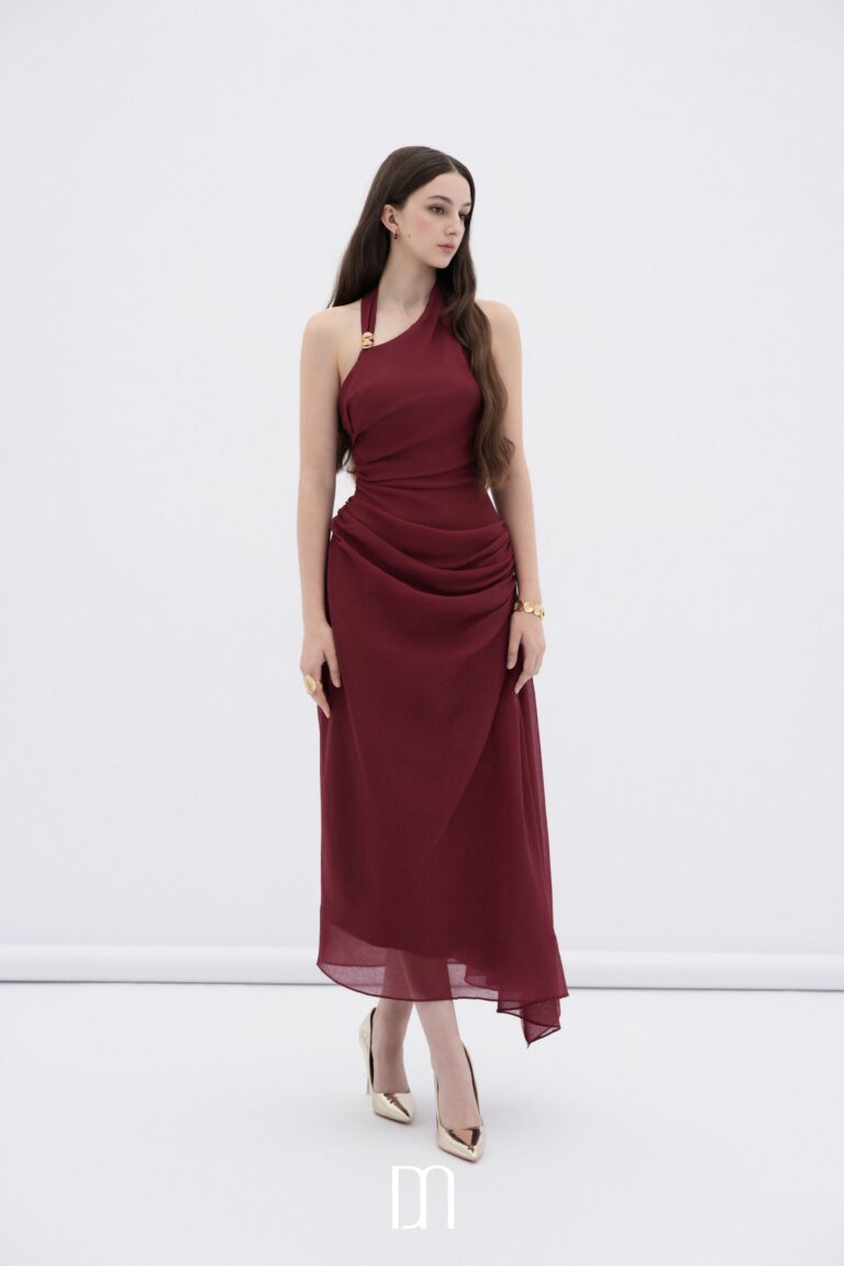 Elowen asymmetric hem midi dress with draped waist - Image 4