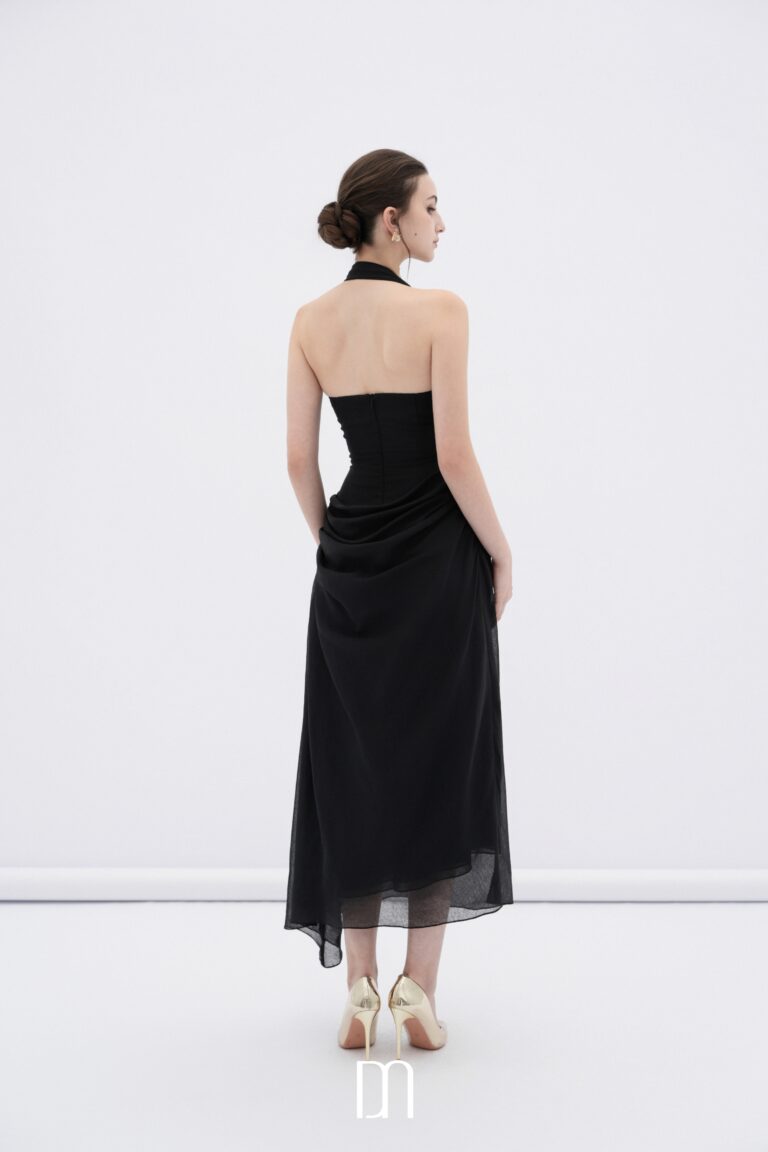 Elowen asymmetric hem midi dress with draped waist - Image 5
