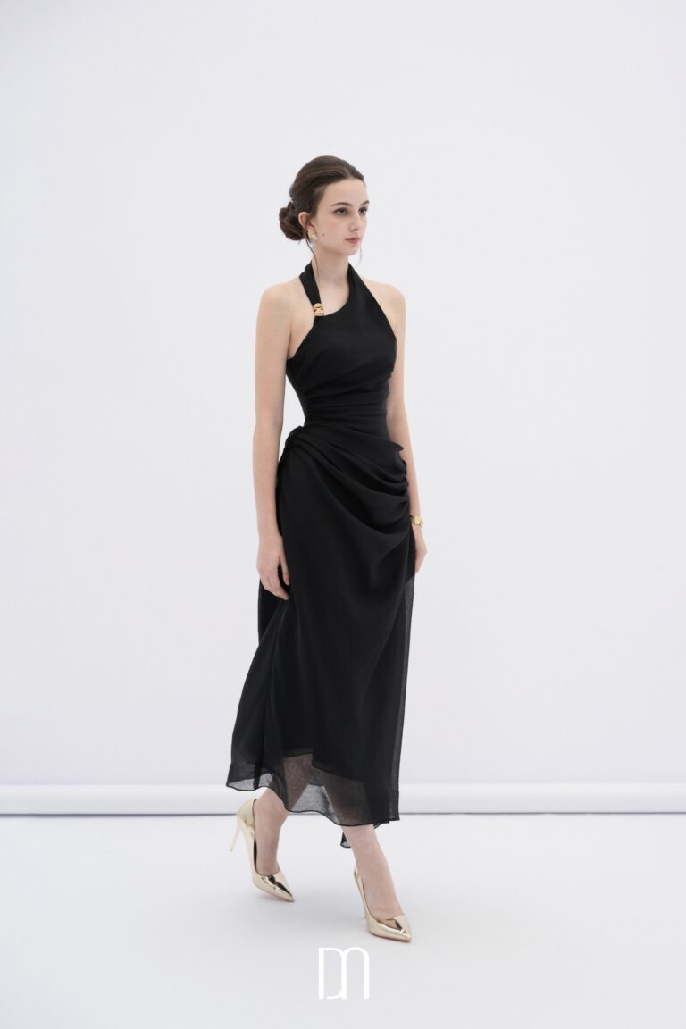 Elowen asymmetric hem midi dress with draped waist - Image 4