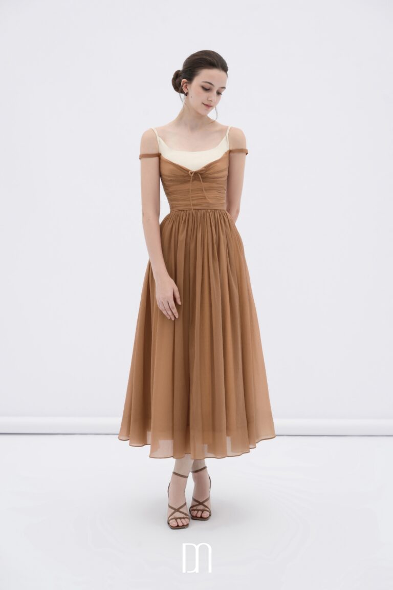 Cornish off-shoulder midi dress with ruched bodice - Image 3