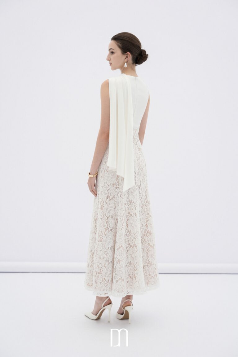 Velin lace midi dress with draped silk neck DN0759