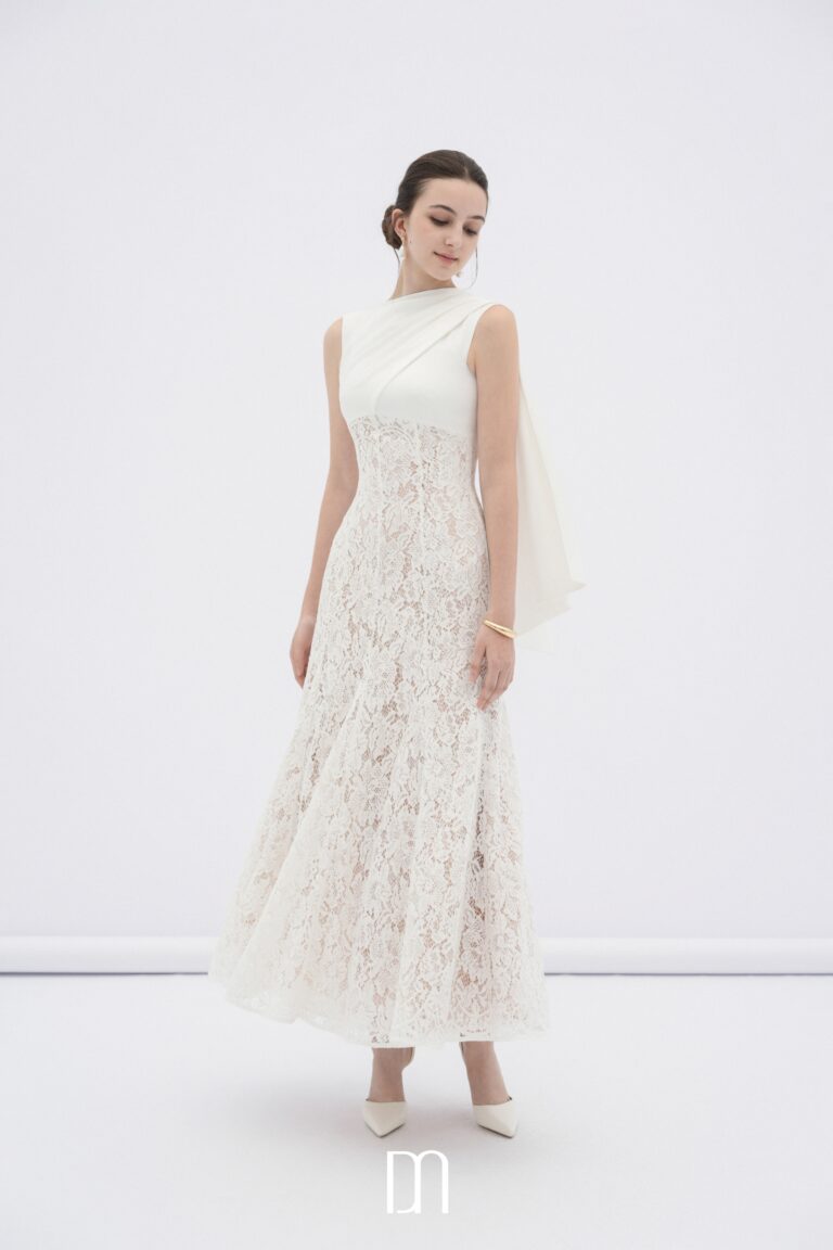 Velin lace midi dress with draped silk neck DN0759