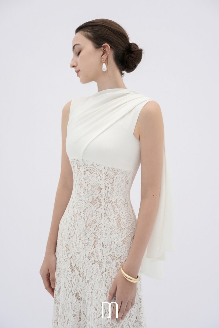 Velin lace midi dress with draped silk neck DN0759