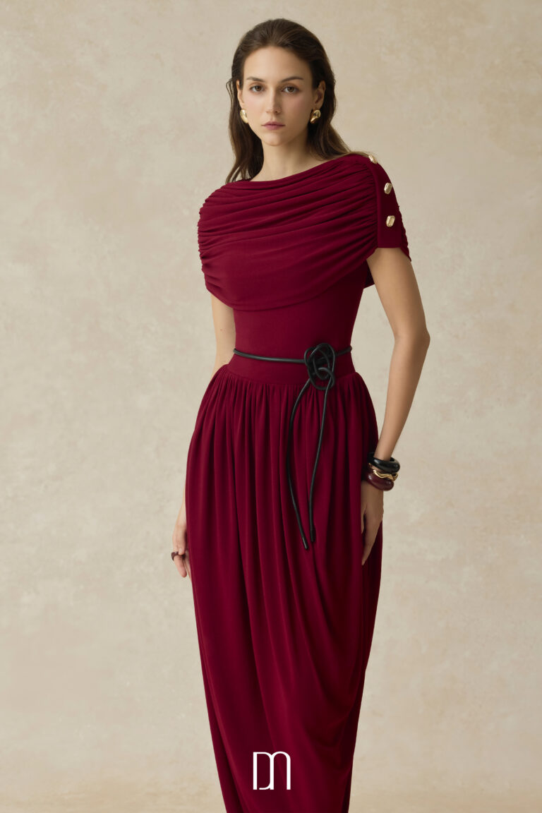 Elyra Ruched boat neckline midi dress with draped skirt - Image 2