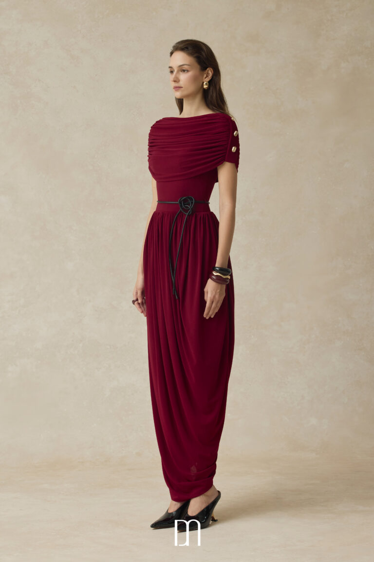 Elyra Ruched boat neckline midi dress with draped skirt - Image 4
