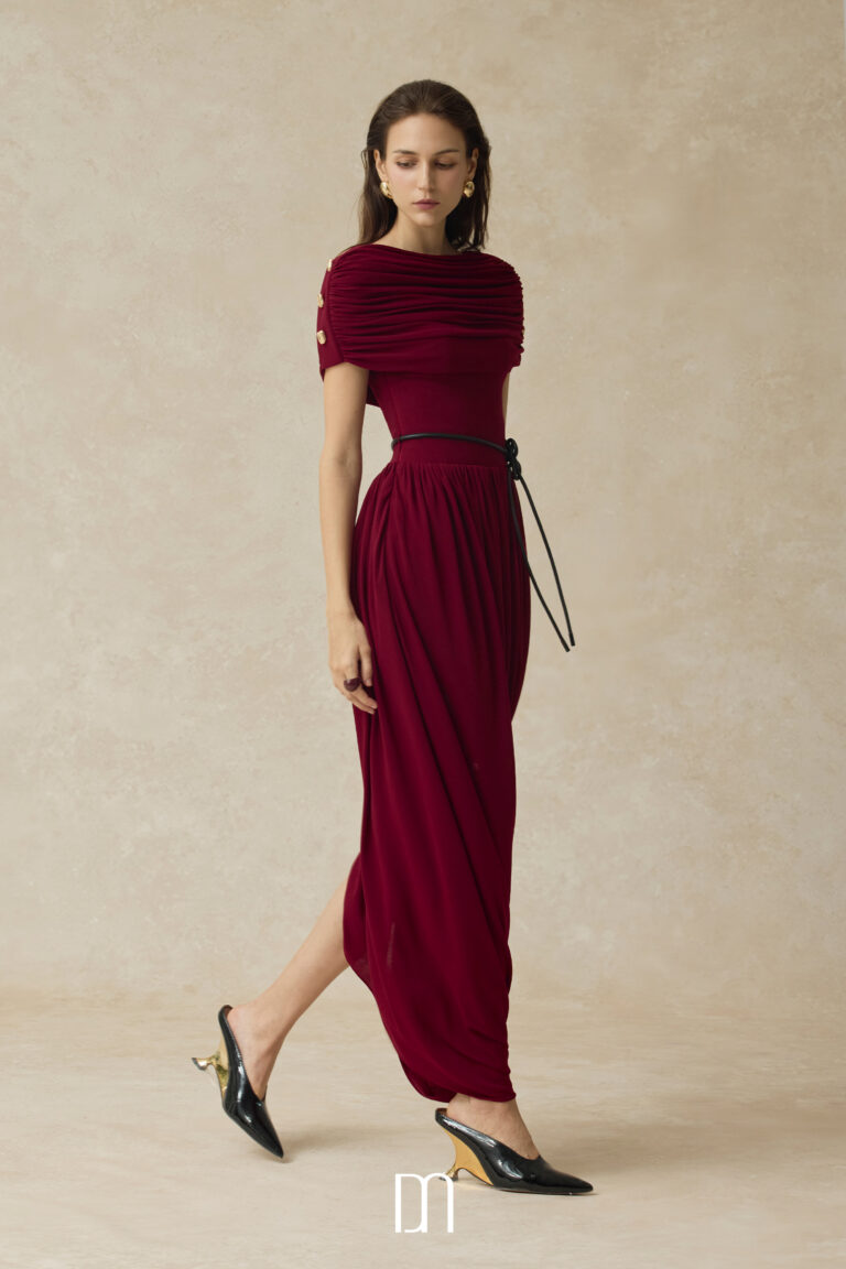 Elyra Ruched boat neckline midi dress with draped skirt - Image 3