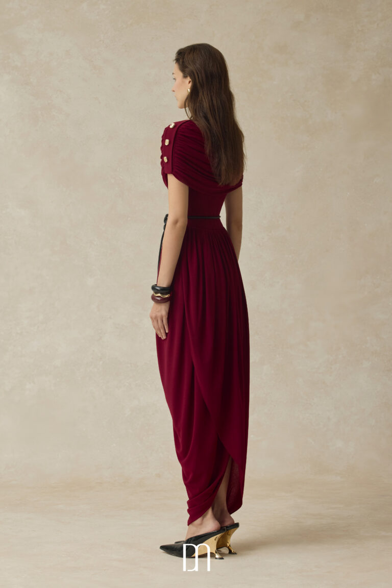 Elyra Ruched boat neckline midi dress with draped skirt - Image 5
