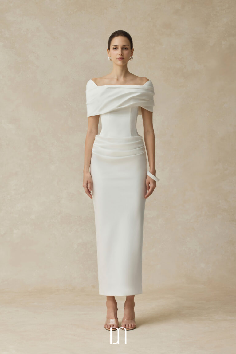 Solara Bodycon midi dress with shoulder-hip draping - Image 3