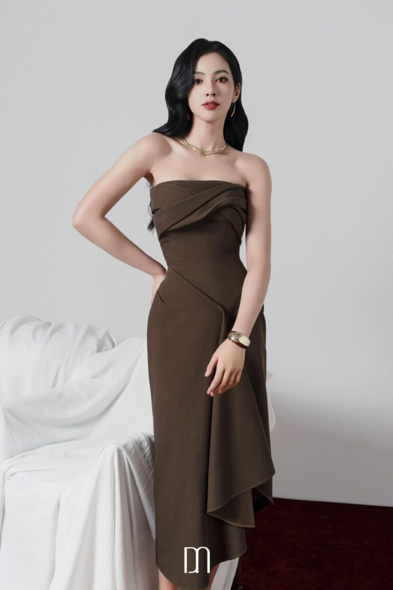 Carmen strapless midi dress with asymetric detail