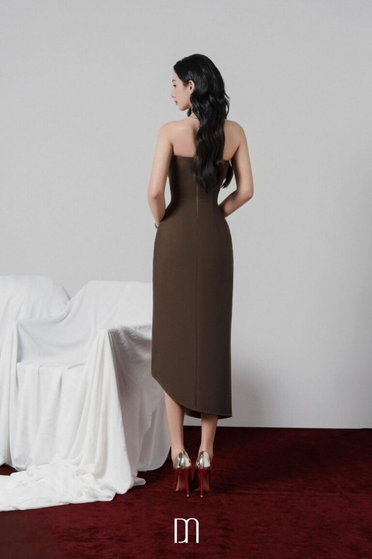 Carmen strapless midi dress with asymetric detail
