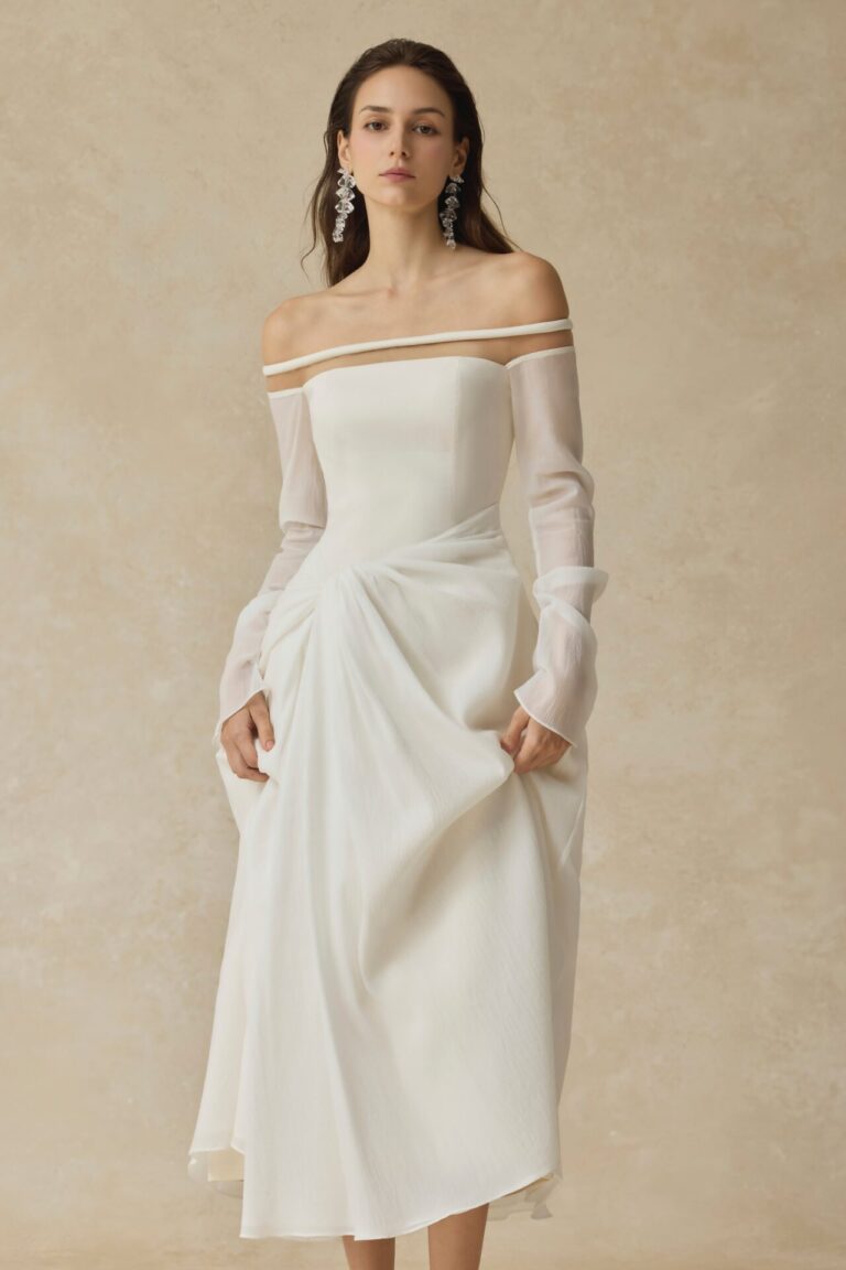 Velora Midi dress with off-shoulder and twisted hip detail