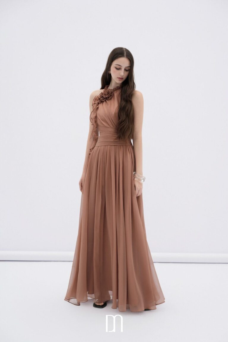 Mireille halter neck maxi dress with flower ruffles