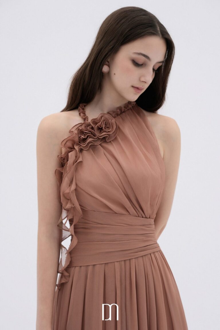 Mireille halter neck maxi dress with flower ruffles