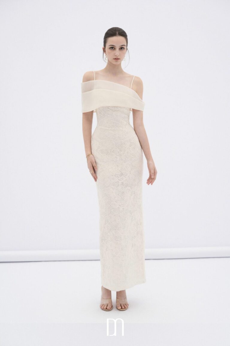 Eira lace body midi dress with sheer off-shoulder panel