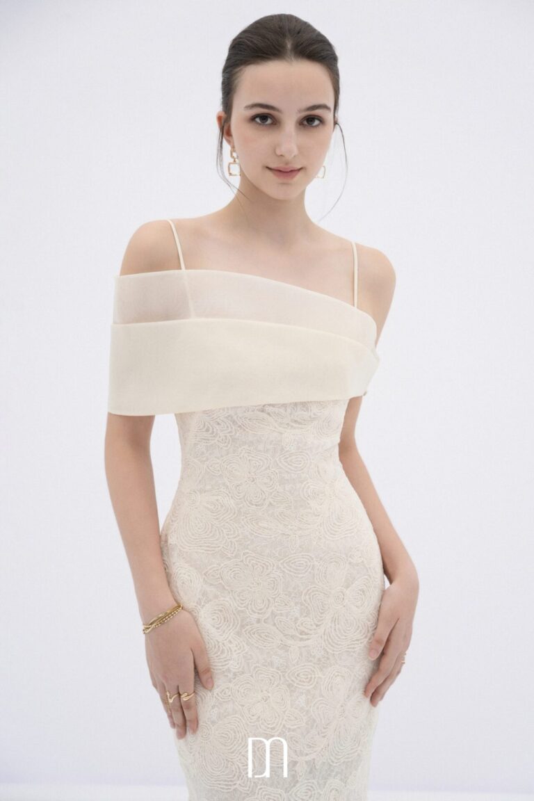 Eira lace body midi dress with sheer off-shoulder panel