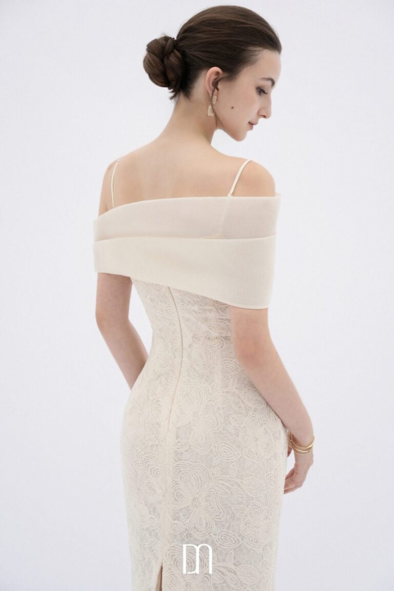 Eira lace body midi dress with sheer off-shoulder panel