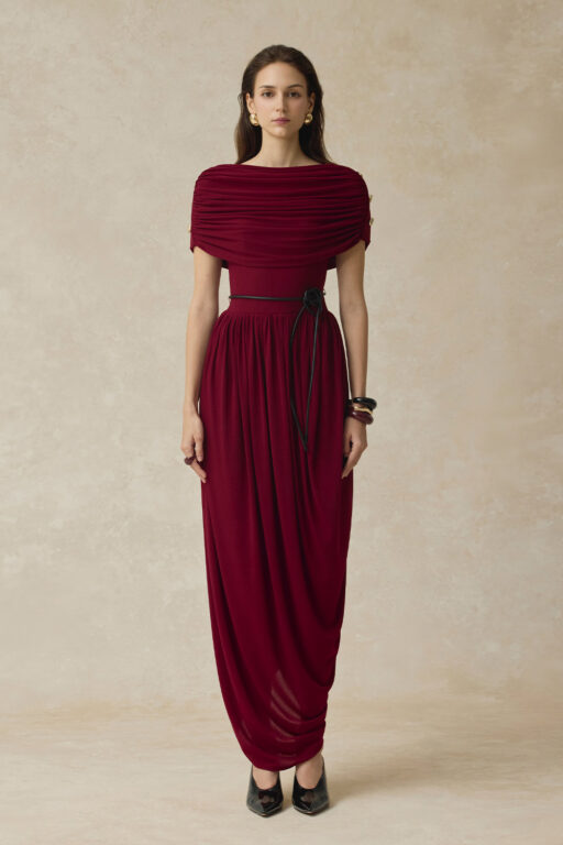 Elyra Ruched boat neckline midi dress with draped skirt