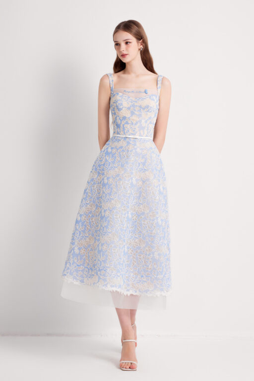 Xavia Embroidered Blue Lace Midi Dress