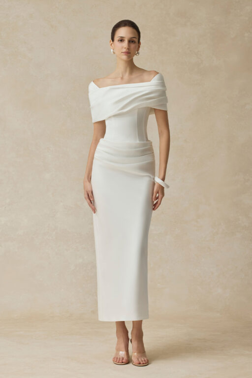 Solara Bodycon midi dress with shoulder-hip draping