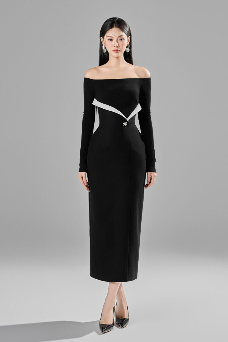 Lovely off-shoulder pencil dress with lapel detail