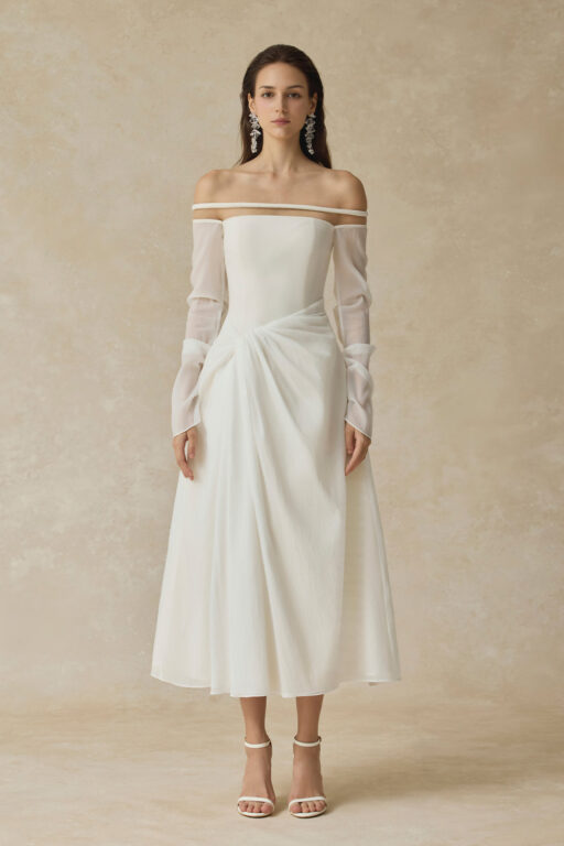 Velora Midi dress with off-shoulder and twisted hip detail