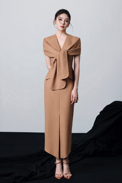 Odessa midi dress with twisted bow sleeves