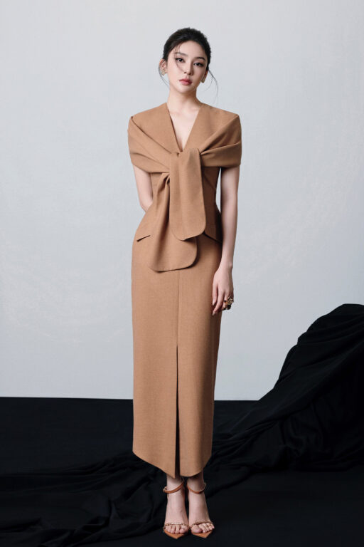 Odessa midi dress with twisted bow sleeves