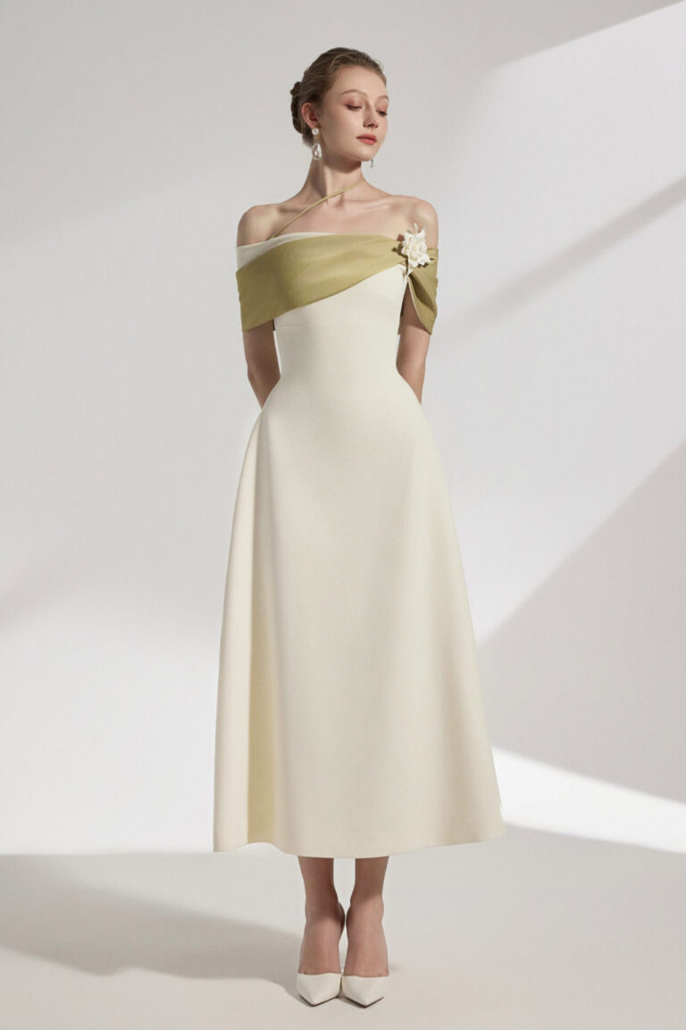 Sylva Two-tone Draping Off-shoulder Midi Dress