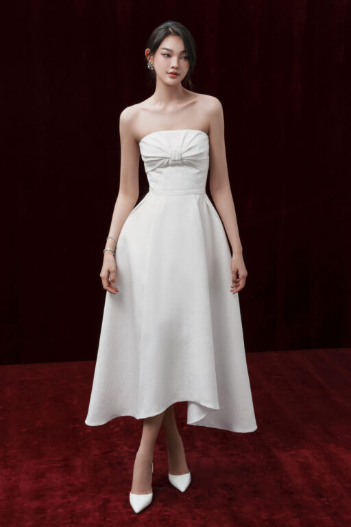 Aline strapless midi dress with faux bow ruffles