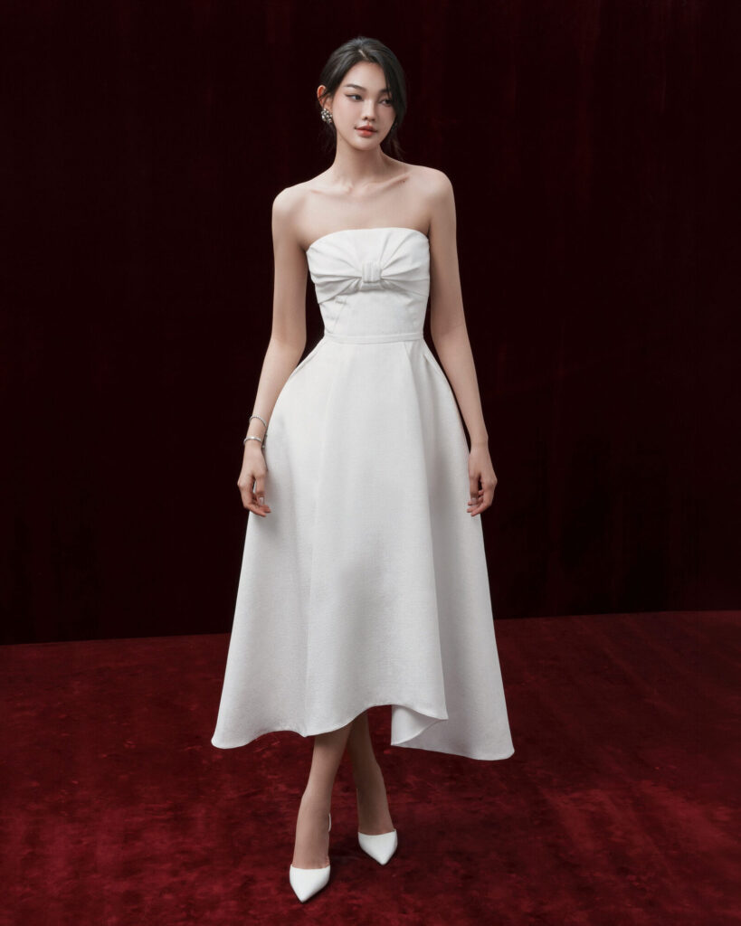 Aline strapless midi dress with faux bow ruffles