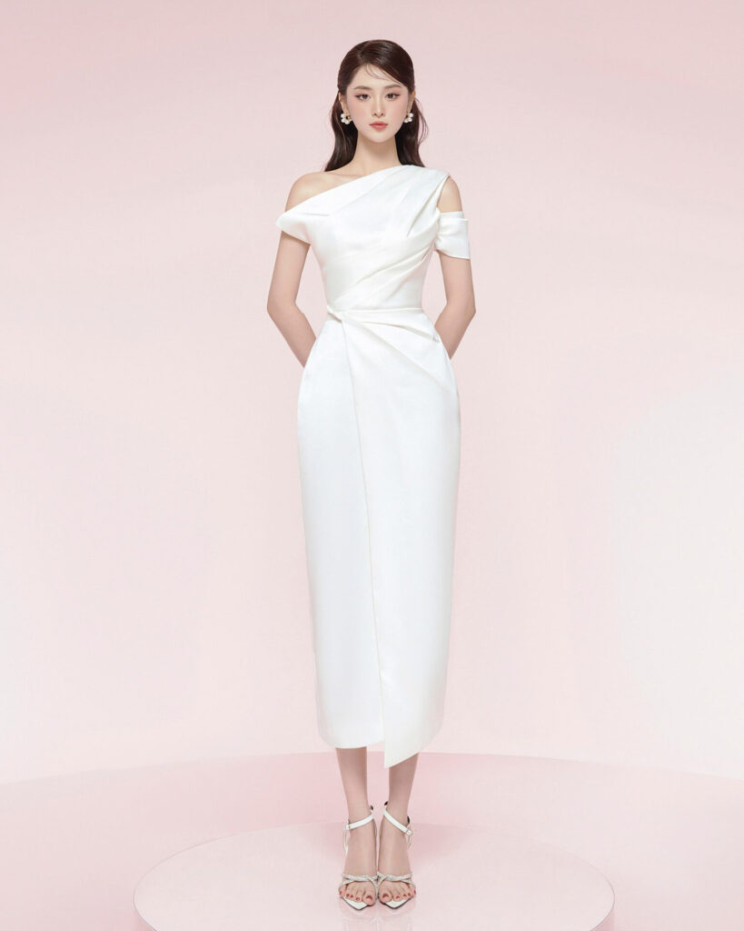 Bauhinia Pleated Shoulder Pencil Dress White