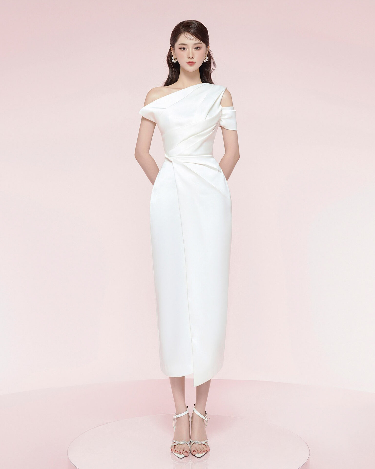 Bauhinia Pleated Shoulder Pencil Dress White