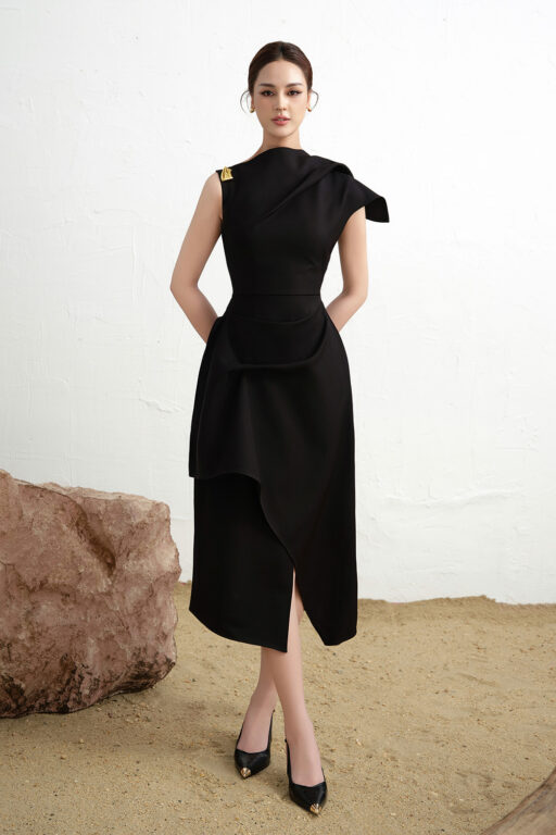 Calla Asymmetric Midi Dress Black