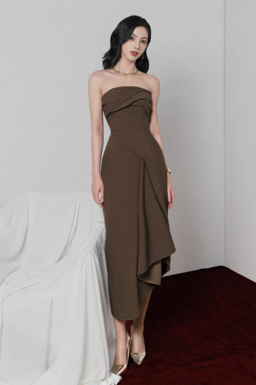 Carmen strapless midi dress with asymetric detail