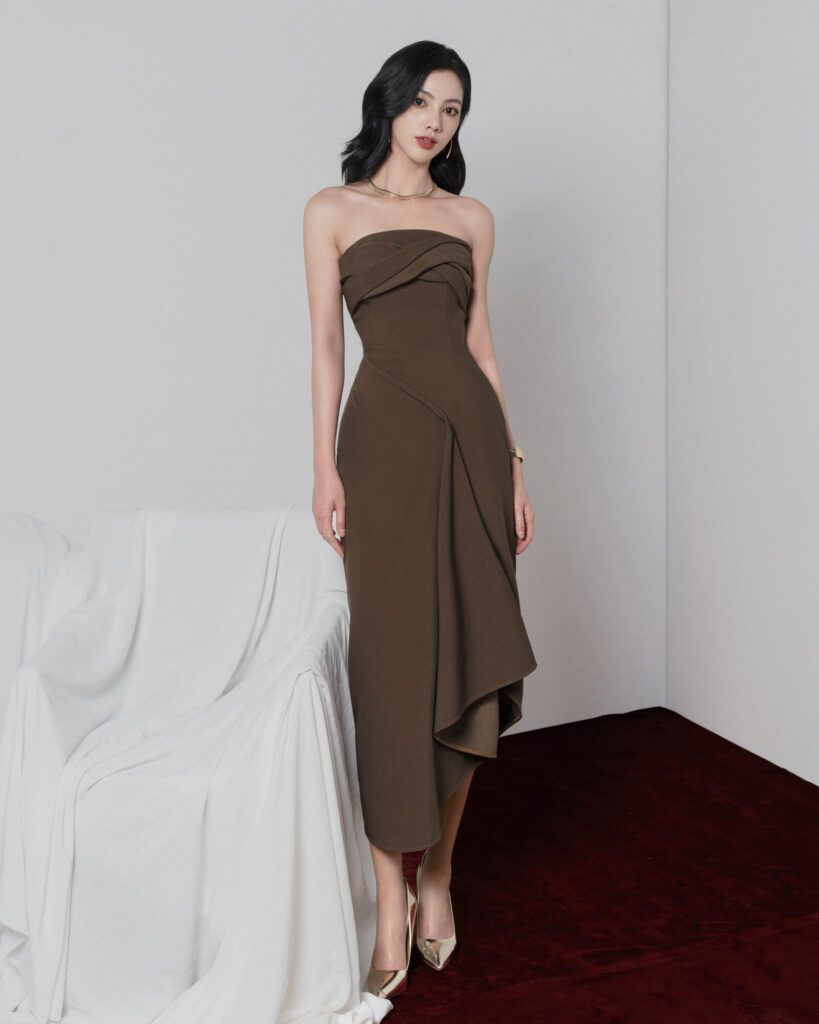 Carmen strapless midi dress with asymetric detail