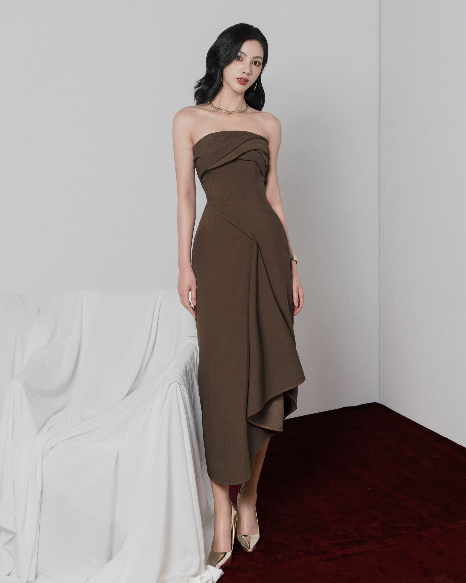 Carmen strapless midi dress with asymetric detail