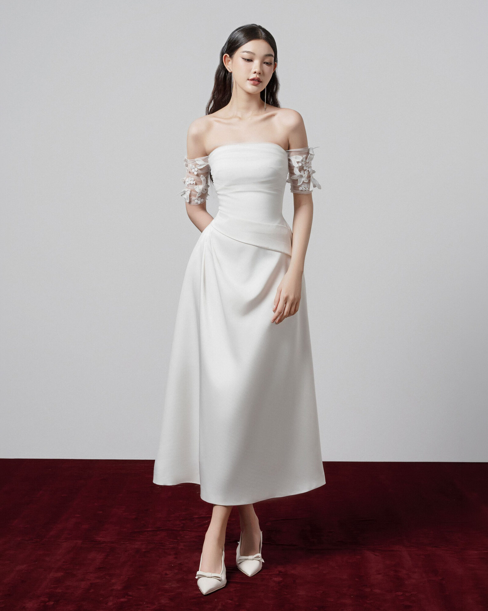 Celeste straped shoulder midi dress with flower beading