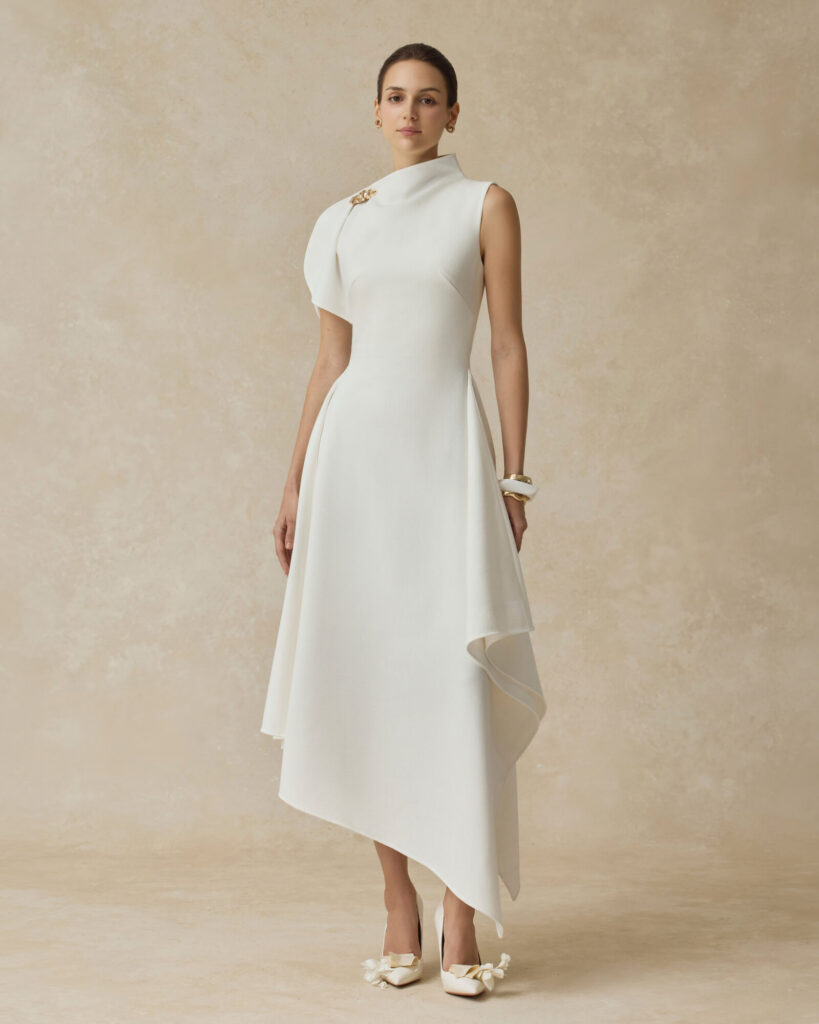 Cerelle Asymmetrical Hem Flared Midi Dress