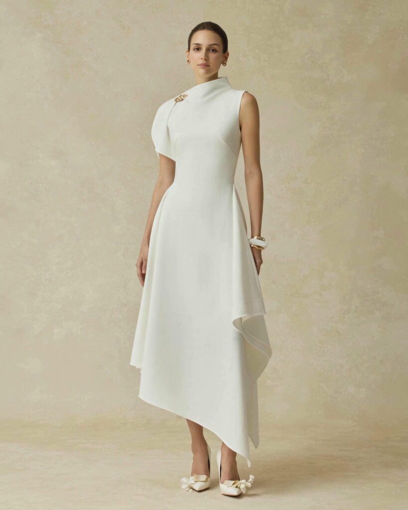 Cerelle Asymmetrical Hem Flared Midi Dress