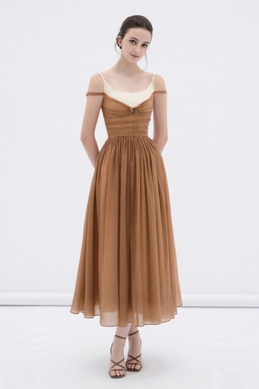Cornish off-shoulder midi dress with ruched bodice