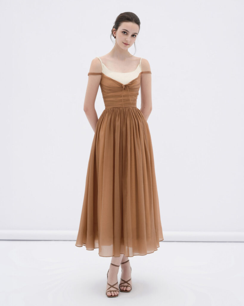 Cornish off-shoulder midi dress with ruched bodice